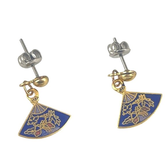 Gold & Blue Fan-Shaped Dangle Earrings With Floral Enamel Design - Picture 6 of 7